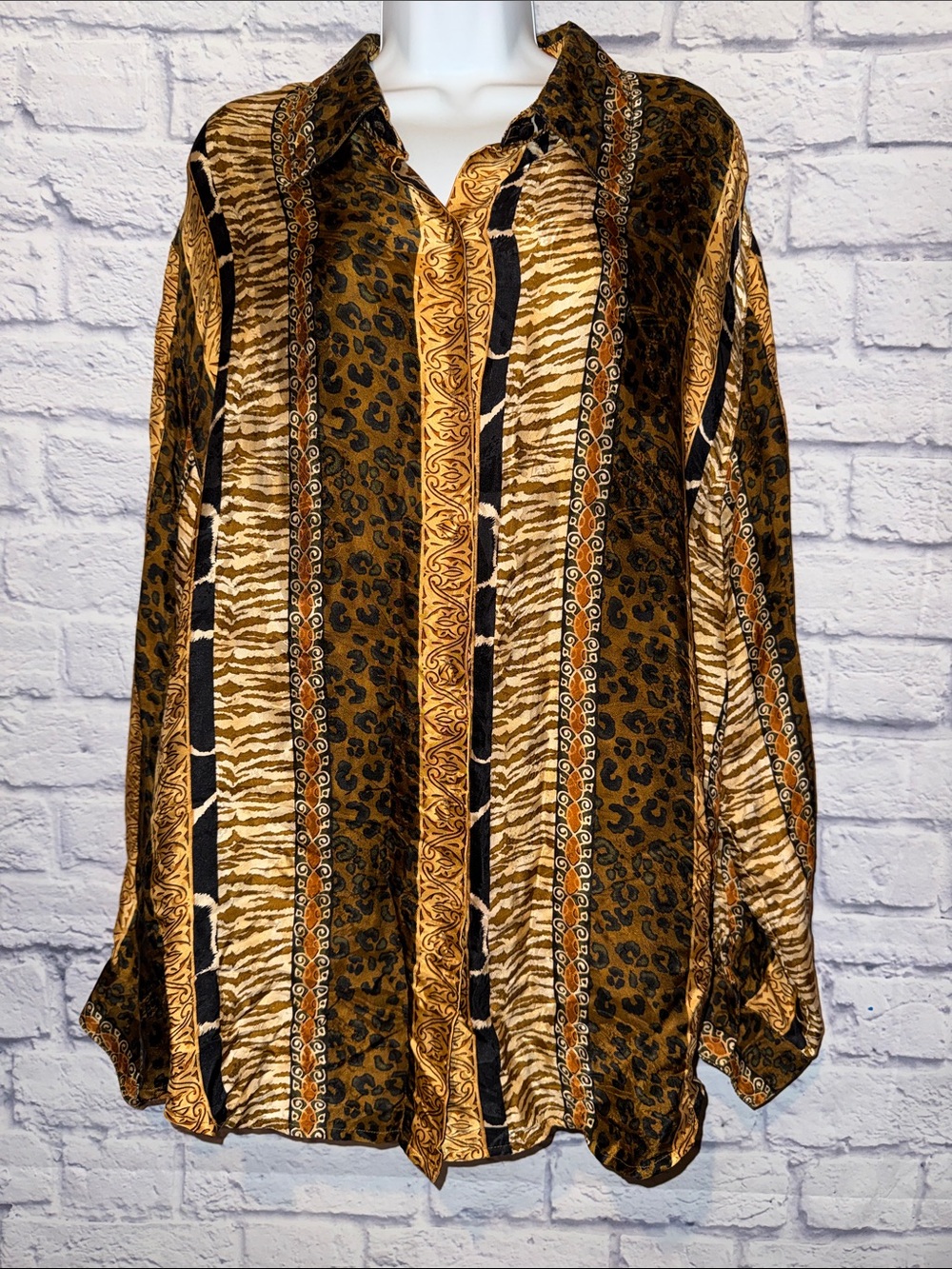 Corey B Gold Animal Print Button-Down Silk Shirt Size XL